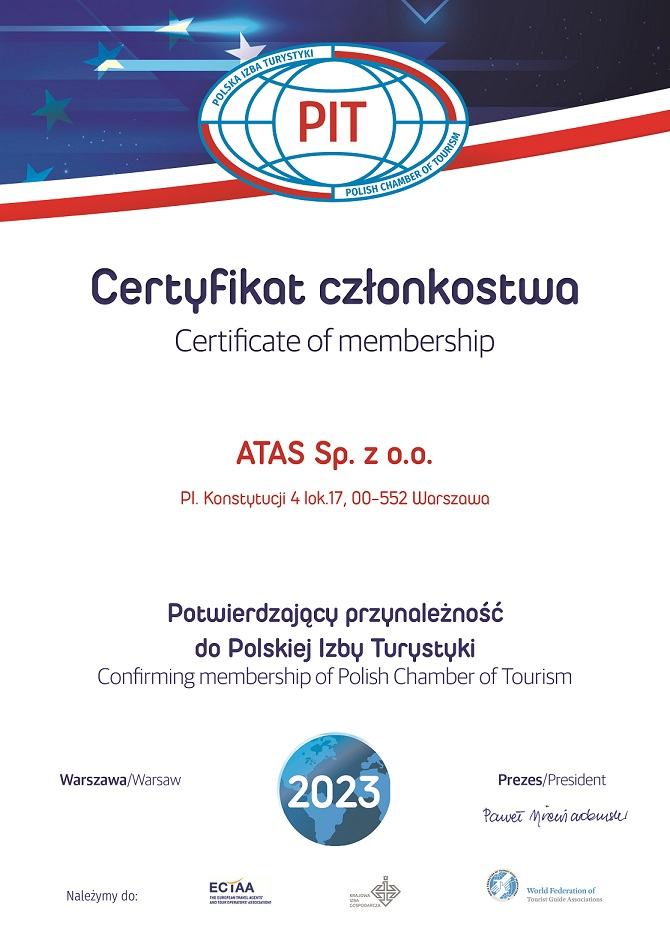 Certyfikat członkostwa dla ATAS potwierdzający przynależność do Polskiej Izby Turystyki 2023